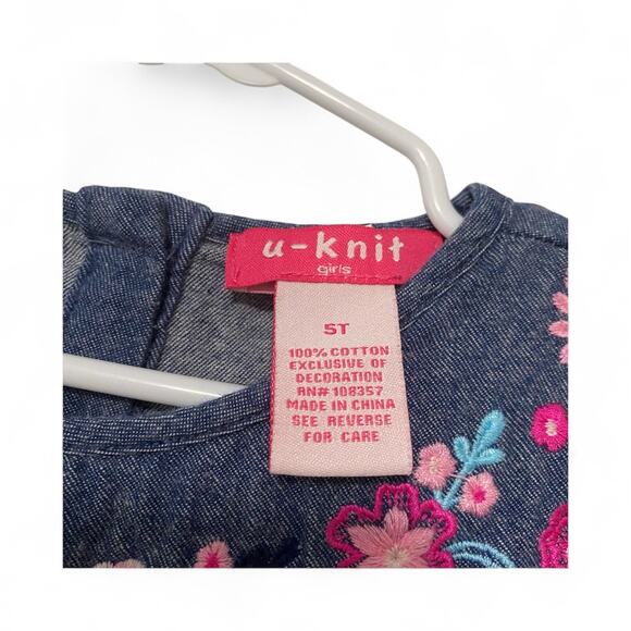 U Knit Girls Denim Long Sleeve Embroidered Floral Pattern Dress 5T - Picture 5 of 6